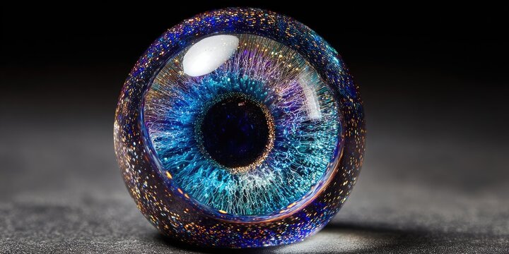 A close-up shot of an artistic eye, reflecting deep blues, purples, and golden specks, with glossy surface
