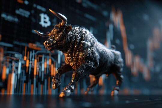 Rendered image depicts a metallic bull with digital charts in the background, symbolizing financial markets