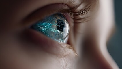 Close-up of a child's eye reflecting digital data, hinting at augmented reality