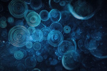 Abstract image of interconnected, translucent blue circles against a dark, speckled backdrop