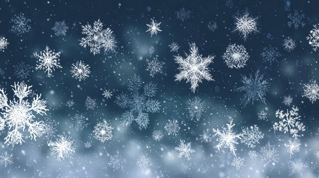 Vector winter snowfall background with falling snowflakes in various shapes and sizes, white christmas snow texture illustration, festive seasonal snow scene for holiday and winter design projects
