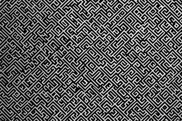 Complex monochrome pattern of interwoven pathways and geometric shapes creating a maze-like surface