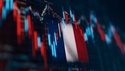Abstract representation of financial market fluctuations with glowing red and blue candlestick charts indicating economic trends and investment performance