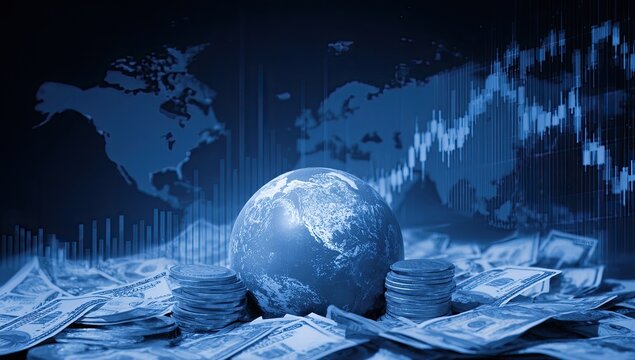 A stylized, blue-toned financial graphic with a world map and currency