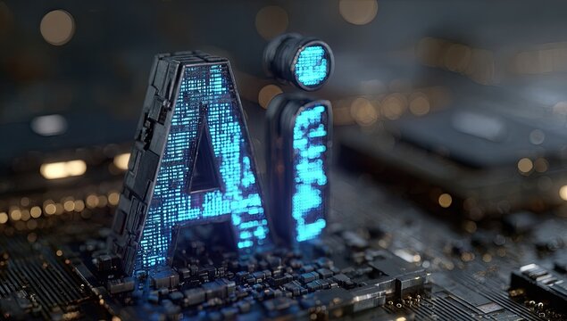 Three-dimensional, glowing letters spell "AI" against a blurred circuit board background