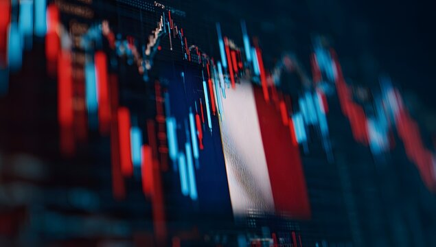 Abstract representation of financial market fluctuations with glowing red and blue candlestick charts indicating economic trends and investment performance - Powered by Adobe