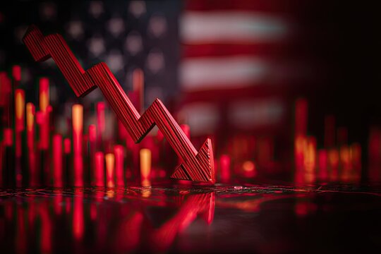 A red arrow pointing downwards above chart-like lines, in front of a blurred US flag background