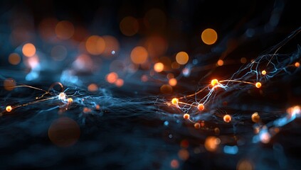 Abstract digital artwork with bokeh effect, floating spheres, and intertwined glowing trails