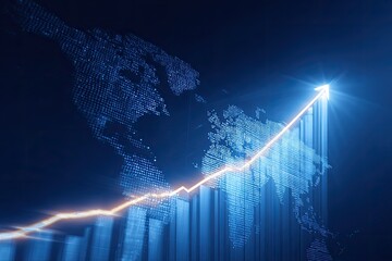 Abstract graphic showing a rising graph over a digitized world map with a glowing arrow