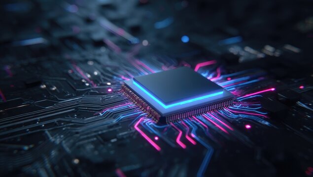 Close-up shot of a central processing unit (CPU) on a circuit board, lit with neon colors