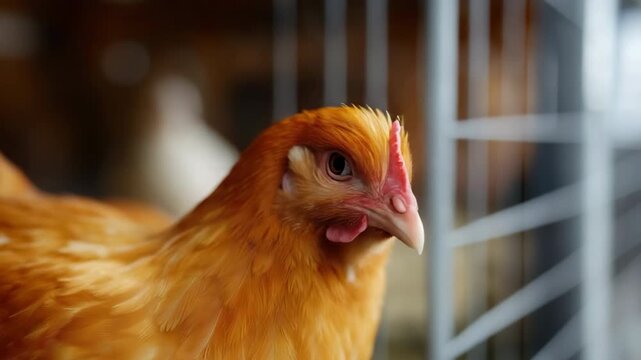 Close-up of a vibrant orange hen in a barnyard setting