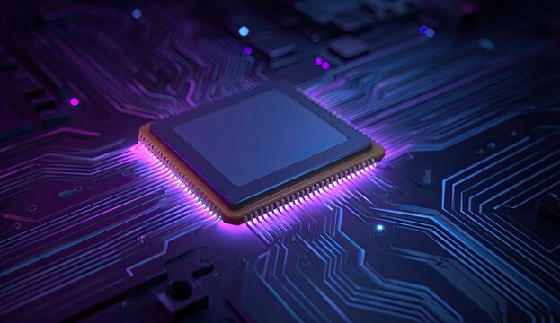 A close-up of a microchip nestled within the intricate network of a circuit board, bathed in neon light