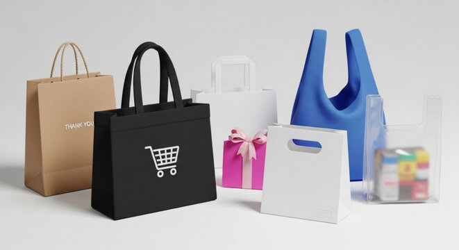 Assortment of shopping bags in various materials and designs, showcasing retail packaging options for diverse products