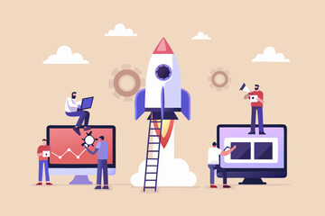 Team of people working together to launch a rocket symbolizing business startup and growth
