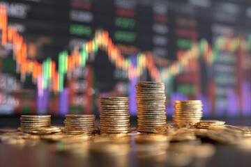 Golden coins stacked in ascending heights, reflecting a blurred stock market graph backdrop
