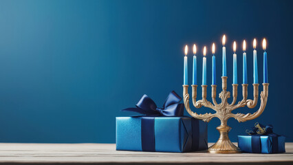 Menorah with blue candles and gifts nearby, created AI