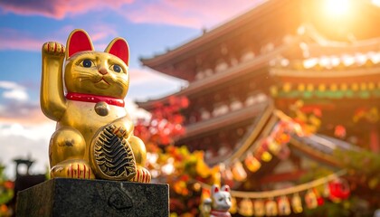 Golden lucky cat statue with raised paw, ornate coin, and pagoda building background, under bright, colorful sky