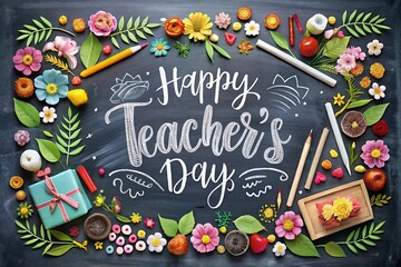 Happy teachers day chalkboard art surrounded by colorful flowers pencils and gifts celebrating education and appreciation