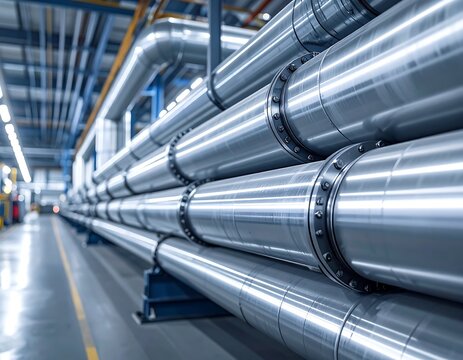 Gleaming metallic pipes converge, casting reflections in a modern, industrial setting with a blurred linear perspective