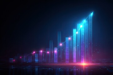 A glowing, abstract illustration of a rising bar graph in shades of blue and purple on a dark background