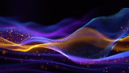 Abstract flowing digital waves with a futuristic design of yellow, purple, and blue, against black background