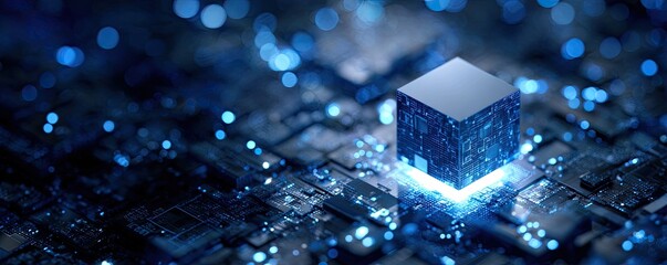 A glowing cube sits on a circuit board, surrounded by bokeh, evoking data and technology