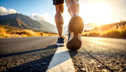 Legs propel forward down a road. Mountain silhouettes and sunny sky in background. Sun flares add warmth to the scene