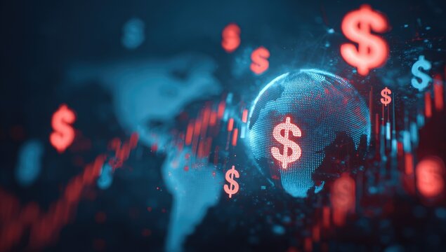 Digital rendering shows a glowing globe amid red & blue data lines, dollar signs, and charts