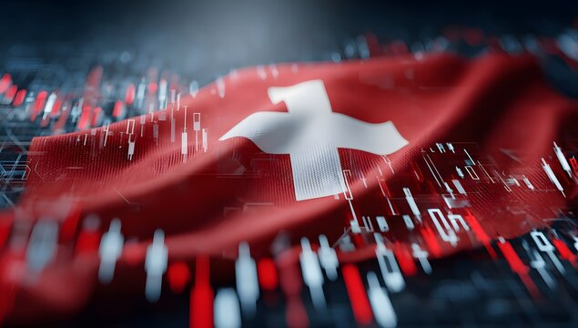 Abstract depiction of the swiss flag waving over a blurred financial stock market graph with glowing digital data streams symbolizing economic activity and global finance