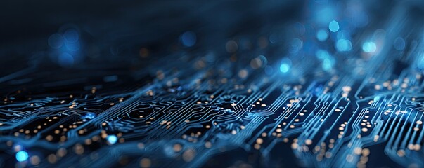 A close-up of a blue circuit board, wires and nodes, with bokeh, illustrating digital technology