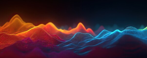 A colorful digital abstract landscape. Layered hills in shades of blue, orange, purple