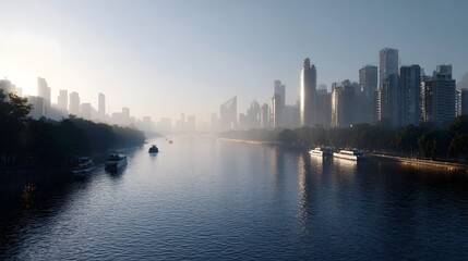 Fototapeta premium A city skyline emerges from morning mist over a tranquil river with boats