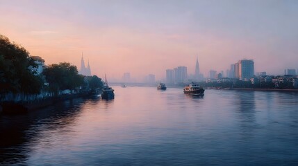 Obraz premium Boats on a serene river with a hazy city skyline at sunrise