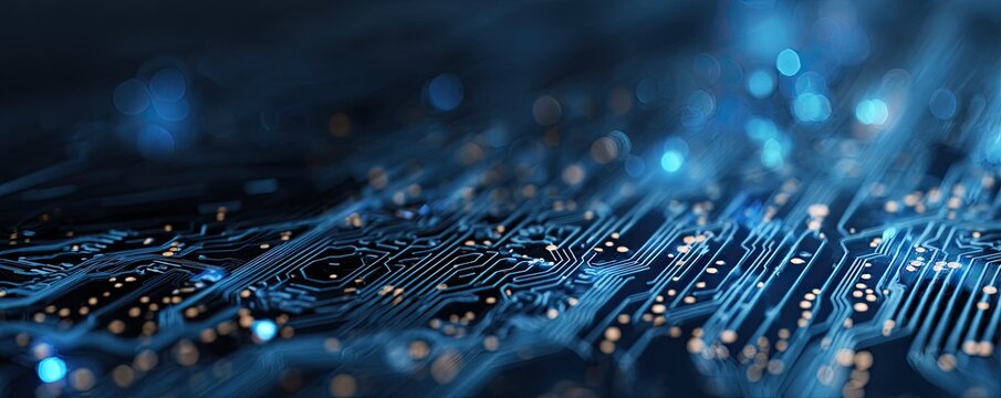A close-up of a blue circuit board, wires and nodes, with bokeh, illustrating digital technology