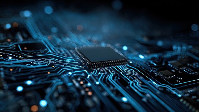 Macro view of a central processor unit on a circuit board, illuminated with bright neon blue lines