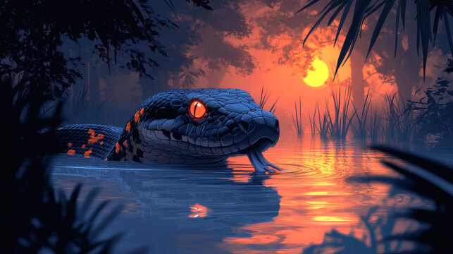 Create a silhouette style artwork of a snake framed by sunset colors - Powered by Adobe