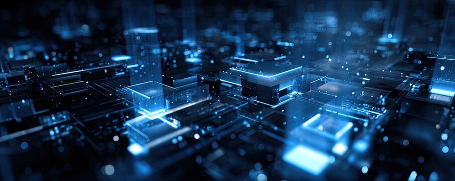 Abstract digital rendering depicting a network of illuminated cubes, lights, and lines on a dark background