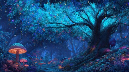 Enchanting bioluminescent forest awakens with glowing mushrooms and magical fairy lights illuminating a mystical dreamscape.