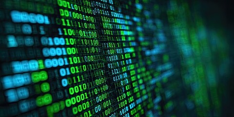 Abstract background of green and blue binary code, data processing concept