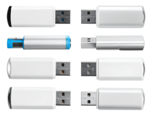 Modern USB drive set isolated on transparent background.