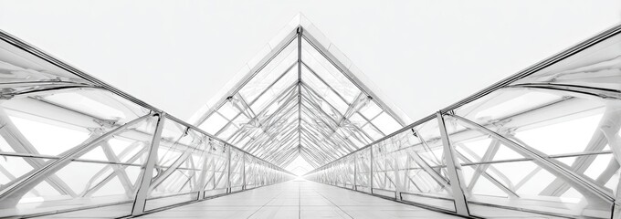 A symmetrical, modern glass and metal walkway with triangular roof. A vanishing point leads the eye