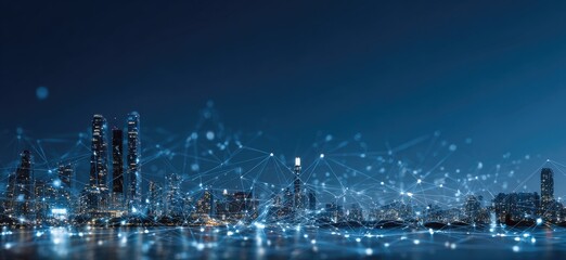 A nighttime cityscape with illuminated buildings and a network of interconnected lights overlaid across the skyline