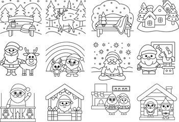 Naklejka premium Collection of Christmas and Winter Themed Line Art Illustrations for Coloring Pages santa claus reindeer