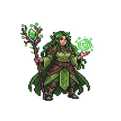 pixel art female druid with nature magic and staff
