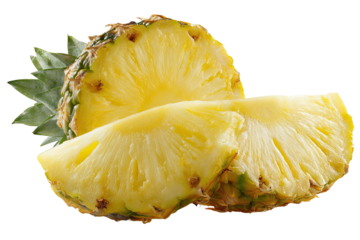Fresh pineapple slices, vibrant yellow flesh, green leaves