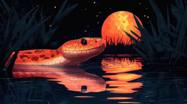 Create an illustration of a snake silhouetted against a sunset sky