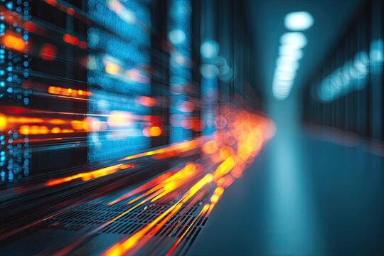 Abstract illustration of a data center hallway with server racks and blurred light trails