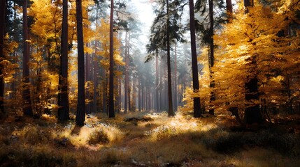 Fototapeta premium A sunlit path winds through a golden autumn forest with glowing foliage