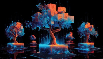 Vivid digital artwork depicting geometric trees with colorful, futuristic elements and a dark background