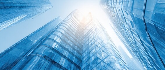 Looking up at several glass skyscrapers on a sunny day, with blue and white gradient